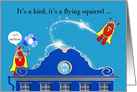 Birthday Card with Superhero Raccoons On and Above a City Building card