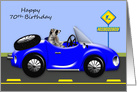 70th Birthday, age humor, An adorable raccoon driving a classic car card