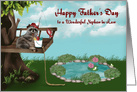 Brother’s Day to Nephew-in-Law, Raccoon fishing from tree, pond card