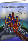 Birthday on Halloween, general, spooky castle with a zombie, bats card