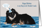 Birthday to Double Cousin, dog lover, Pomerian wearing a birthday hat card