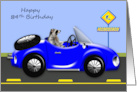 84th Birthday with an Adorable Raccoon Driving a Blue Classic Car card