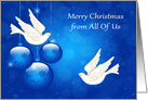 Christmas from All Of Us, beautiful ornaments with doves on blue card