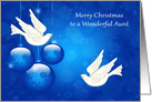 Christmas to Aunt, beautiful ornaments with white doves on blue card