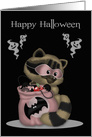 Halloween, general, Adorable raccoon with a pink mask and treat bag card