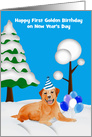First Golden Birthday on New Year’s Day, golden labrador wearing hat card