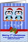 1st Christmas Custom Name and Relationship with Adorable Penguins card