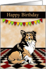 Birthday, general, featuring a rouge collie with flags over its head card