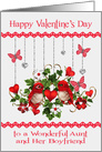 Valentine’s Day to Aunt and Boyfriend, lovebirds with hearts, flowers card