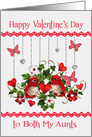 Valentine’s Day to Both My Aunts, lovebirds with hearts, flowers card