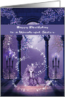 Birthday to Sister, beautiful ultra purple and white unicorn, swirls card