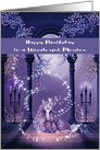 Birthday to Mentor, beautiful ultra purple and white unicorn, swirls card