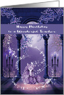 Birthday to Teacher, beautiful ultra purple and white unicorn, swirls card