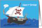 1st Birthday Pirate Theme with Raccoons on a Ship and a Cute Parrot card