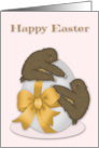 Easter Card with Two Cute Sloths Hanging on a Big Egg and a Gold Bow card