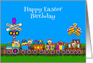 Birthday on Easter General A Bunny Train with Decorated Egg Balloons card