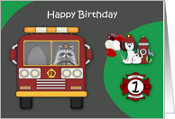 1st Birthday Firefighter Theme with an Adorable Raccoon and Dalmatian card