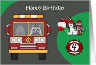 4th Birthday Firefighter Theme with an Adorable Raccoon and Dalmatian card