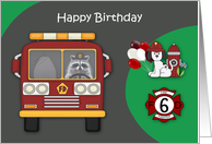 6th Birthday Firefighter Theme with an Adorable Raccoon and Dalmatian card