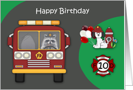 10th Birthday Firefighter Theme with an Adorable Raccoon and Dalmatian card