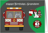 3rd Birthday to Grandson Firefighter Theme with a Raccoon and Dog card