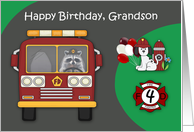 4th Birthday to Grandson Firefighter Theme with a Raccoon and Dog card