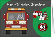 5th Birthday to Grandson Firefighter Theme with a Raccoon and Dog card