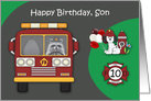 10th Birthday to Son Firefighter Theme with a Raccoon and a Dog card