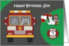 5th Birthday to Son Firefighter Theme with a Raccoon and a Dog card