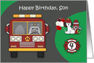 4th Birthday to Son Firefighter Theme with a Raccoon and a Dog card