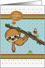 Birthday with a Cute Sloth Hanging from a Tree Against Patterns card