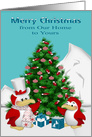 Christmas from Our Home to Yours with Cute Penguins and a Tree card