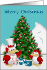 Christmas with Cute Penguins and a Festive Decorated Tree card