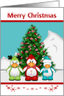 Christmas with Three Cute Penguins and a Decorated Tree card