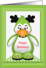 Happy Holidays with a Cute Penguin wearing Antlers and a Bell Collar card