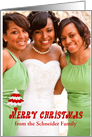 Christmas Photo Custom Name with a Red and White Tree with Red Text card