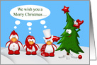 Christmas with Three Penquins Standing in the Snow with a Happy Tree card