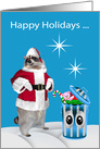 Happy Holidays Humor with a Santa Claus Raccoon and a Garbage Can card