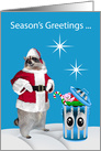 Season’s Greetings Humor with a Santa Claus Raccoon and a Garbage Can card