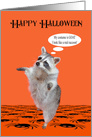 Halloween with a Raccoon Happy with his Costume on a Spider Pattern card