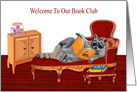 Welcome to Our Book Club with a Raccoon Relaxing Reading a Book card