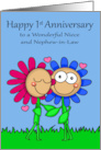 1st Wedding Anniversary to Niece and Nephew in Law with Flowers card