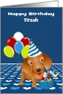 Birthday Custom Name with a Wire-haired Dachshund and Balloons card