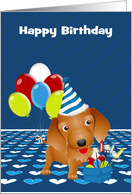 Birthday with a Wire haired Dachshund and Colorful Balloons on Blue card