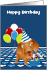 Birthday with a Wire haired Dachshund and Colorful Balloons on Blue card