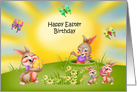 Birthday on Easter with Bunnies Holding Decorated Eggs in a Meadow card