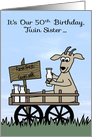 50th Birthday to Twin Sister Humor with a Goat in Cart Selling Milk card