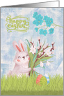 Easter a Watercolor Bunny Holding a Bouquet of Flowers and Eggs card