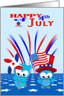 4th of July with Two Colorful Owls Holding a Flag and Pinwheel card