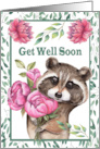 Get Well Soon with a Beautiful Raccoon Holding a Big Bunch of Flowers card